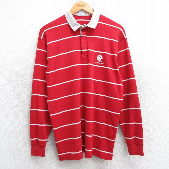 L/古着 長袖 ラガー シャツ メンズ 90s ネブラスカ フットボール 赤他