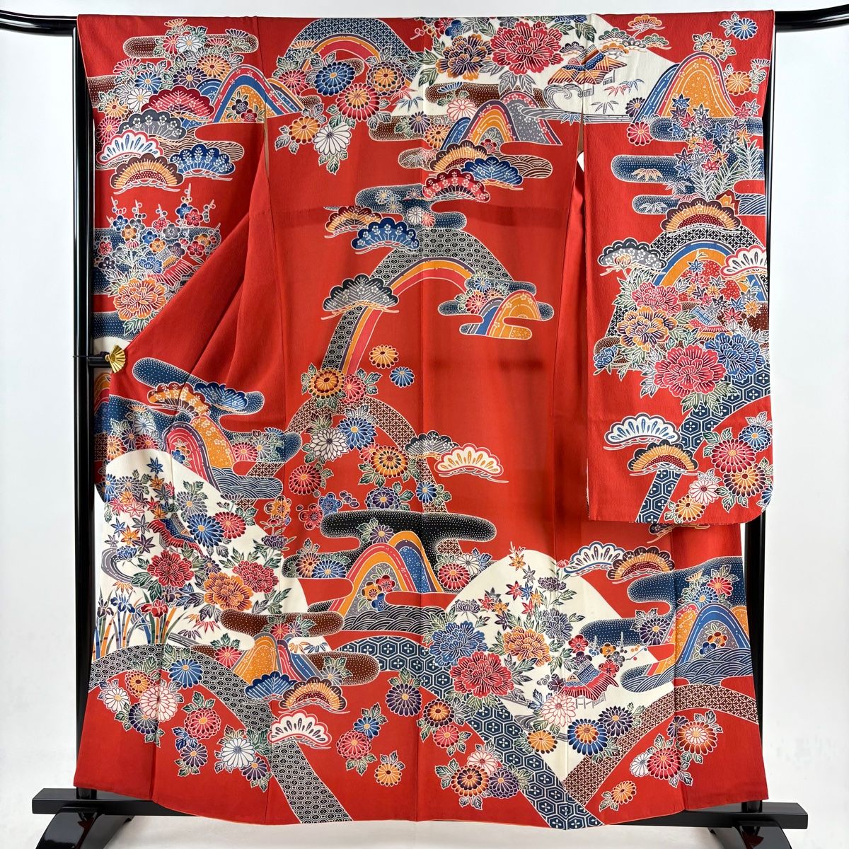 振袖 身丈160cm 裄丈66cm M 袷 菊 霞 染め分け 縮緬 朱色 正絹