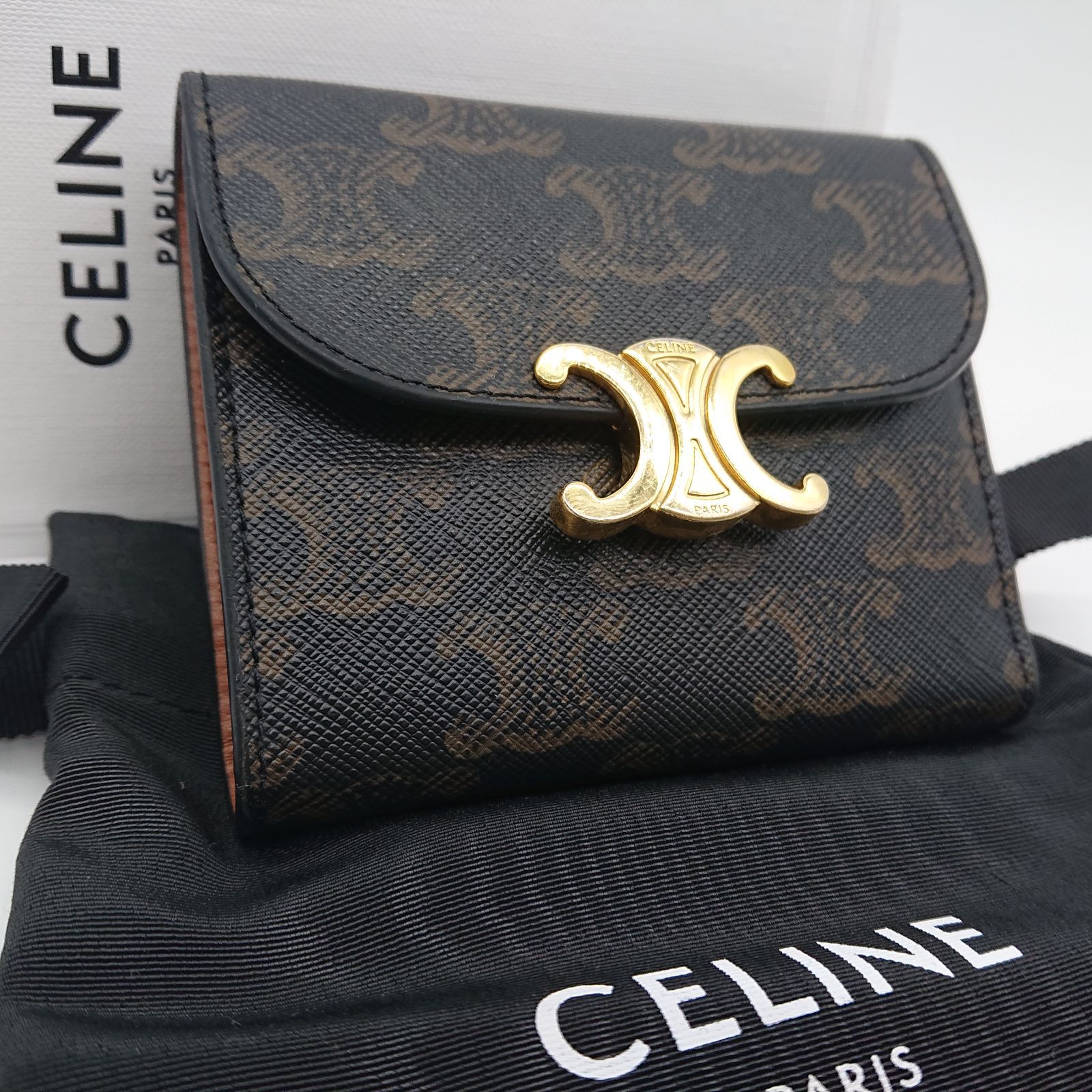 美品】CELINE セリーヌ トリオンフ 三つ折り財布 タン 保存袋 箱
