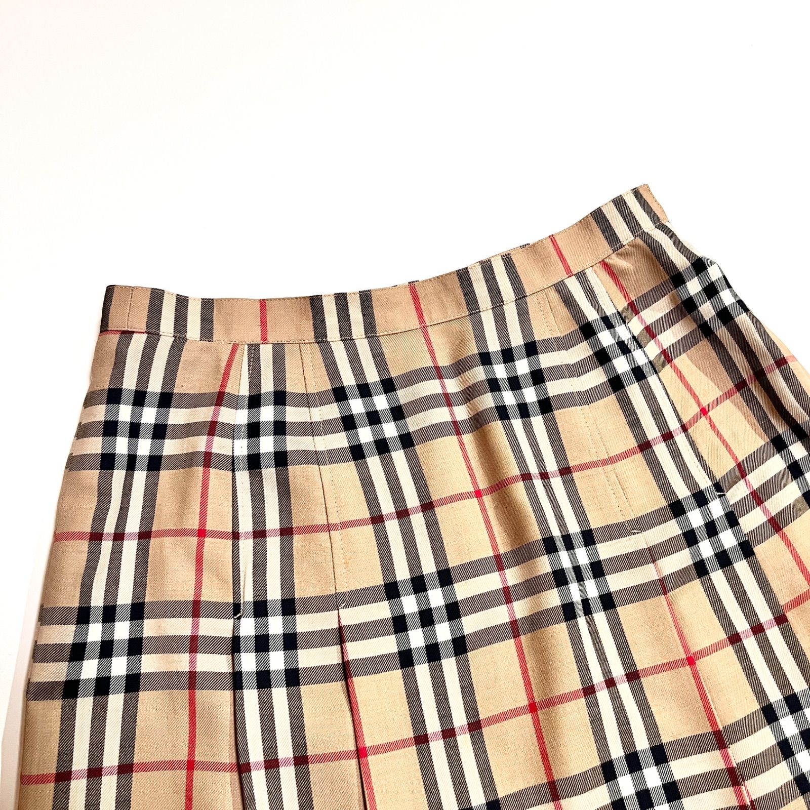 ci110 BURBERRYS 総柄 ノバチェック ウール スカート プリーツスカート タックスカート 膝丈 チェック柄 毛 ベージュ バーバリー