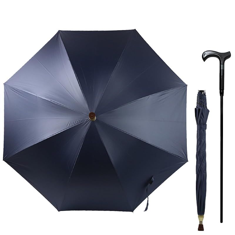 杖傘 F-SEASONS ステッキ イン 傘 杖と傘の分離式 ステッキ傘 一脚杖 晴雨兼用 UVカット 遮熱効果 長傘 祖父母 プレゼント 杖 分離式 散歩 ハイキング 旅行 行列 運動会 シニア ダークブルー