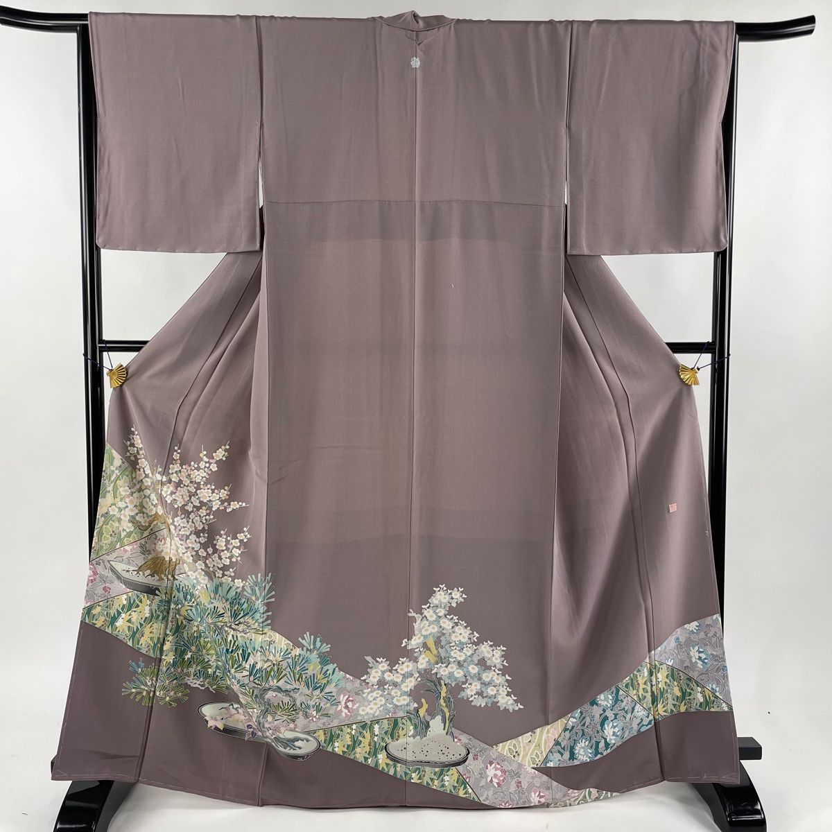 色留袖 身丈167cm 裄丈66cm M 袷 落款 松梅 草花 ぼかし 灰紫 正絹 名品 一つ紋