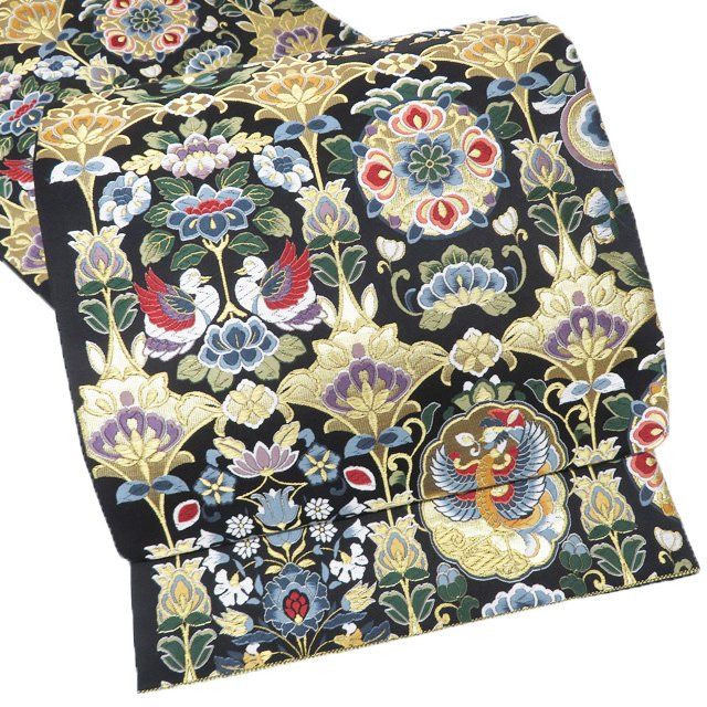袋帯 ♥ 正絹 フォーマル 仕立て上がり 六通 花鳥模様 花紋 華文 箔糸 黒色 多色 金 きもの北條 A1286-14