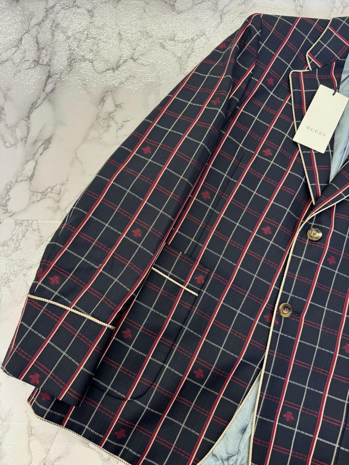 グッチ ロゴチェック柄テーラードジャケット 19年 GUCCI グッチ チェック柄 ビー ハチ 蜂 刺繍 テーラード