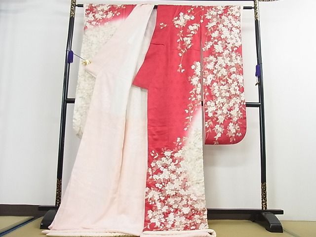 平和屋本店●希少　お引きずり　引振袖・長襦袢(袷)セット　総手刺繍　枝垂れ桜　暈し染め　金糸　逸品　3kh1919 平和屋本店○希少 お引きずり 引振袖・長襦袢(袷)セット 総手刺繍