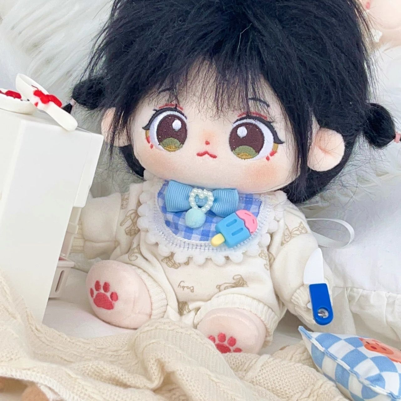 10cm】 ぬい服 かわいい ブルー チェック柄のスタイ 青色