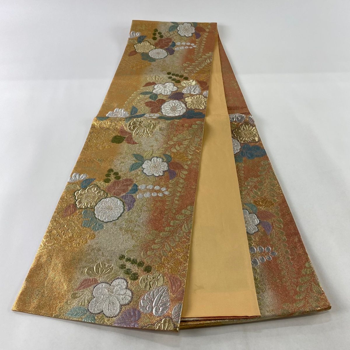 数量限定】 草花 秀品 美品 袋帯 更紗 【中古】 正絹 六通 金色 箔
