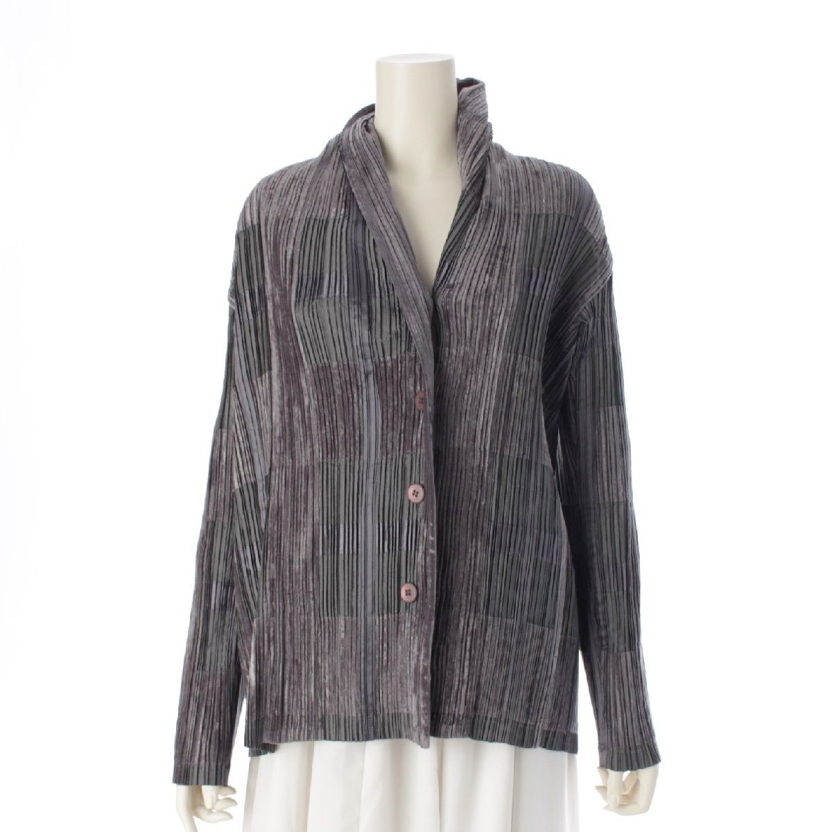 ISSEY MIYAKE - イッセイミヤケ ポリエステル プリーツ  テーラードジャケット チェック柄 アウター IM14-FD025 グレー 2【中古】 イッセイミヤケ ポリエステル プリーツ テーラードジャケット
