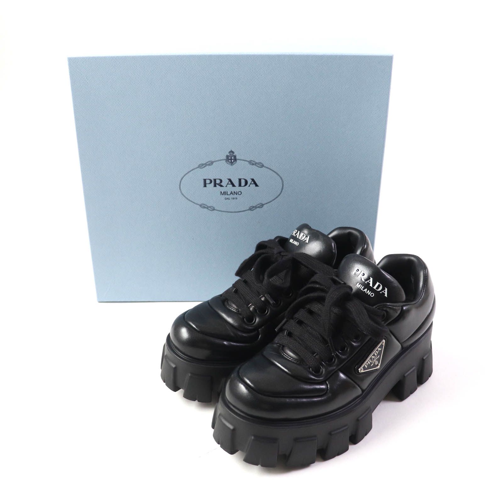 極美品★PRADA プラダ モノリス トライアングルロゴ レースアップ パデッド ナッパレザー スニーカー ブラック 36.5 箱付き イタリア製 レディース