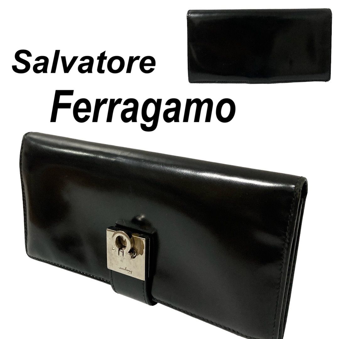 Salvatore Ferragamo サルヴァトーレ フェラガモ 長財布 2つ折り メンズ レディース カード入れ コインケース 札入れ エナメル  光沢 ブラック系 (F39) - メルカリ