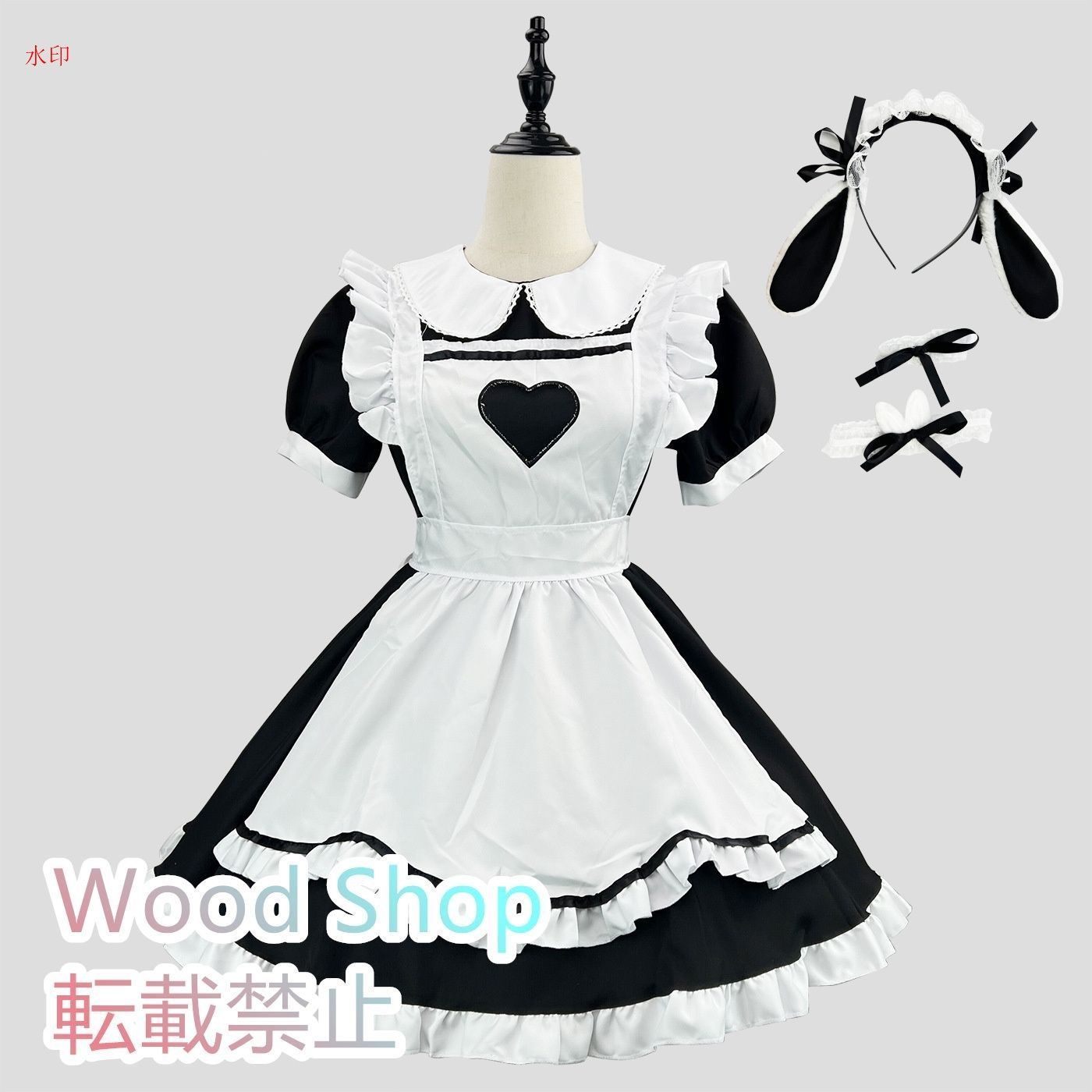 カワイイメイド服 コスプレ ロリータ ハロウィン コスプレ衣装 コスチューム ゴスロリ ドレス ワンピース 仮装 レディース クリスマス イベント 学園祭 文化祭 日常 ブラック メイドカフェ メイド喫茶 5点セット