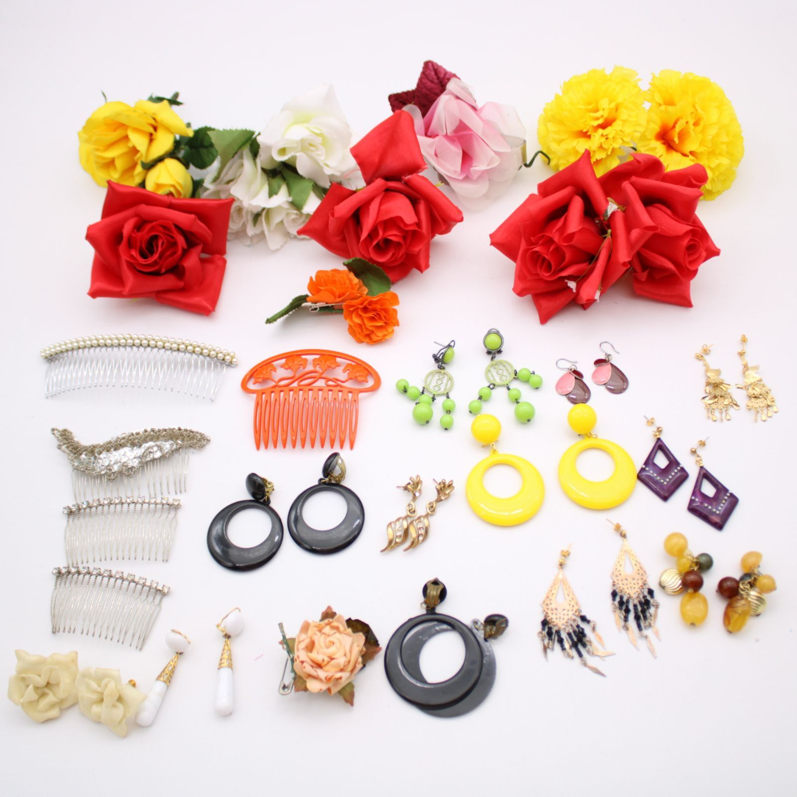 フラメンコ アクセサリー 全25点 セット フローレス ペイネタ ピアス イヤリング コーム 頭飾り 髪飾り 花 造花 赤 黄色 コーム 薔薇