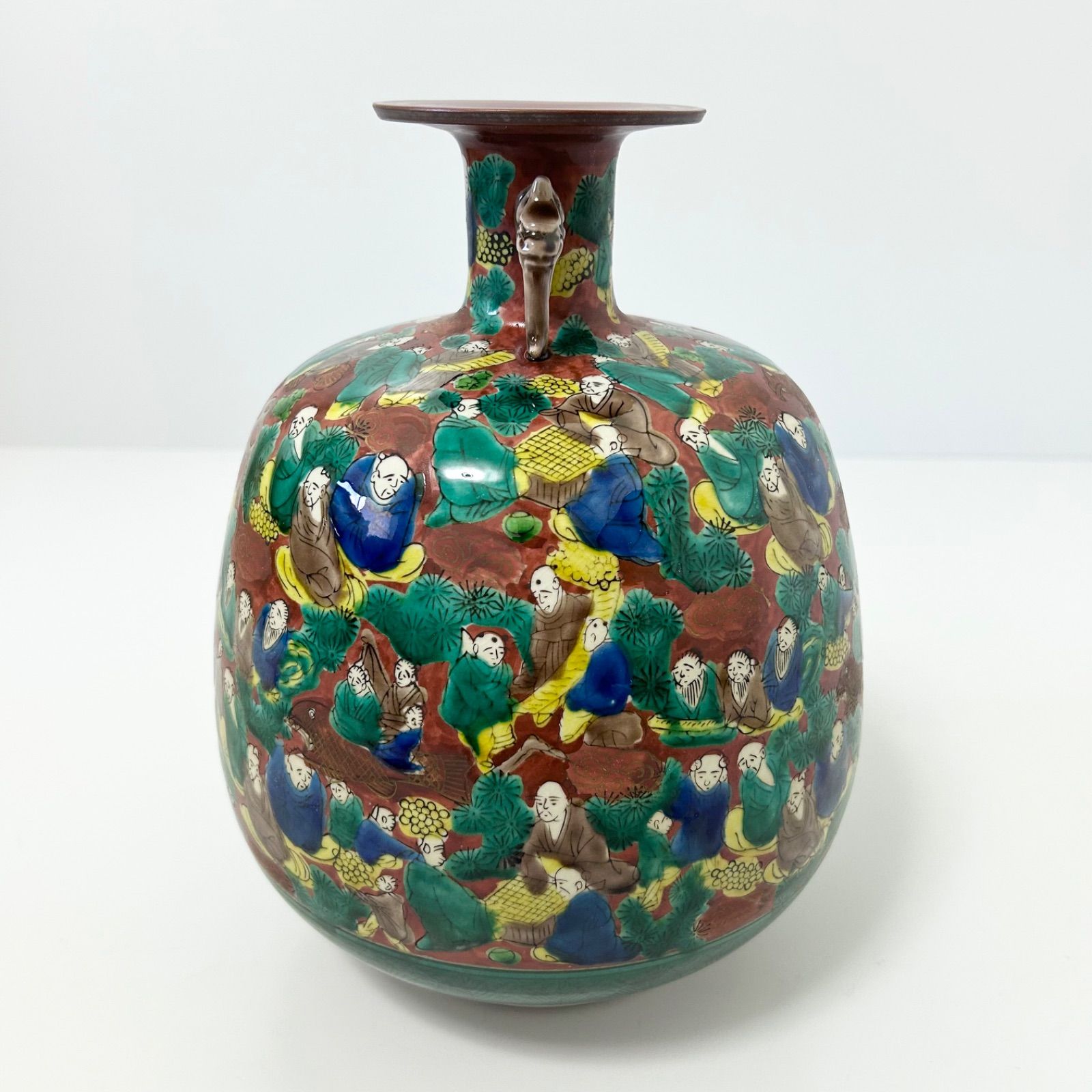 九谷焼 木米 花瓶 耳付き 花生 花器 老人 色絵28cm 壺