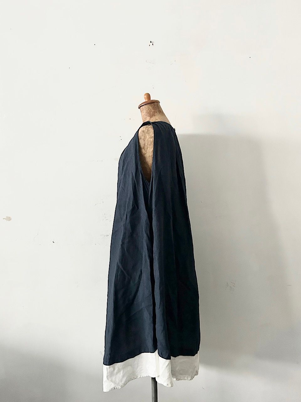 【美品】DOUBLE MAISON　千鳥柄　裾切替え　リネンワンピース　サイズF 美品】DOUBLE MAISON 千鳥柄 裾切替え リネンワンピース サイズF