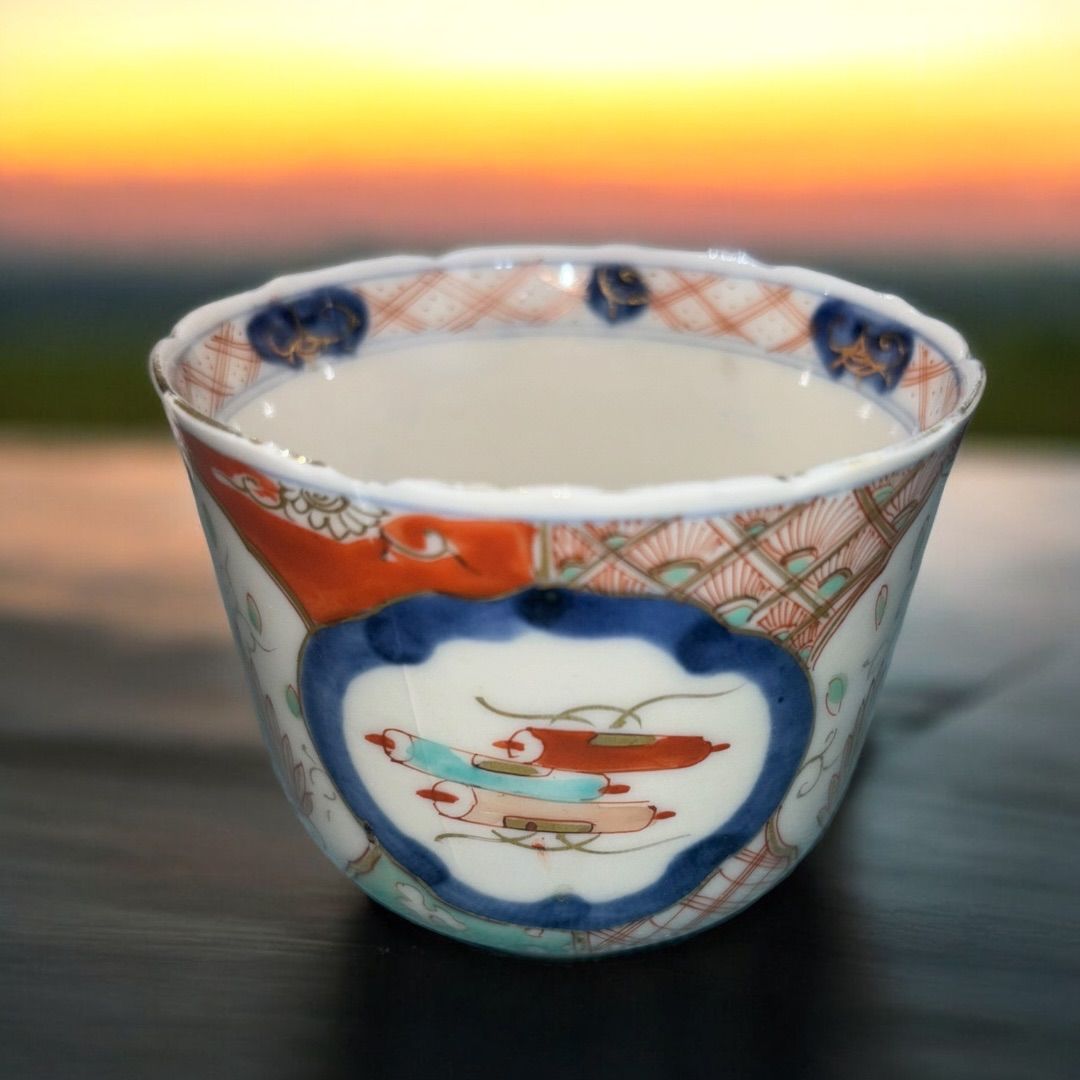 手描き 赤絵 巻物柄 蕎麦猪口 陶器 湯呑み 蔵出し アンティーク