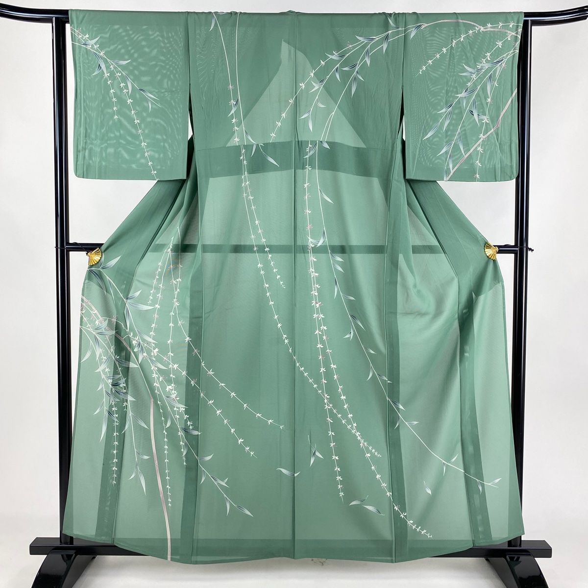 訪問着 身丈160cm 裄丈64.5cm M 薄物 絽 柳 緑 正絹 秀品