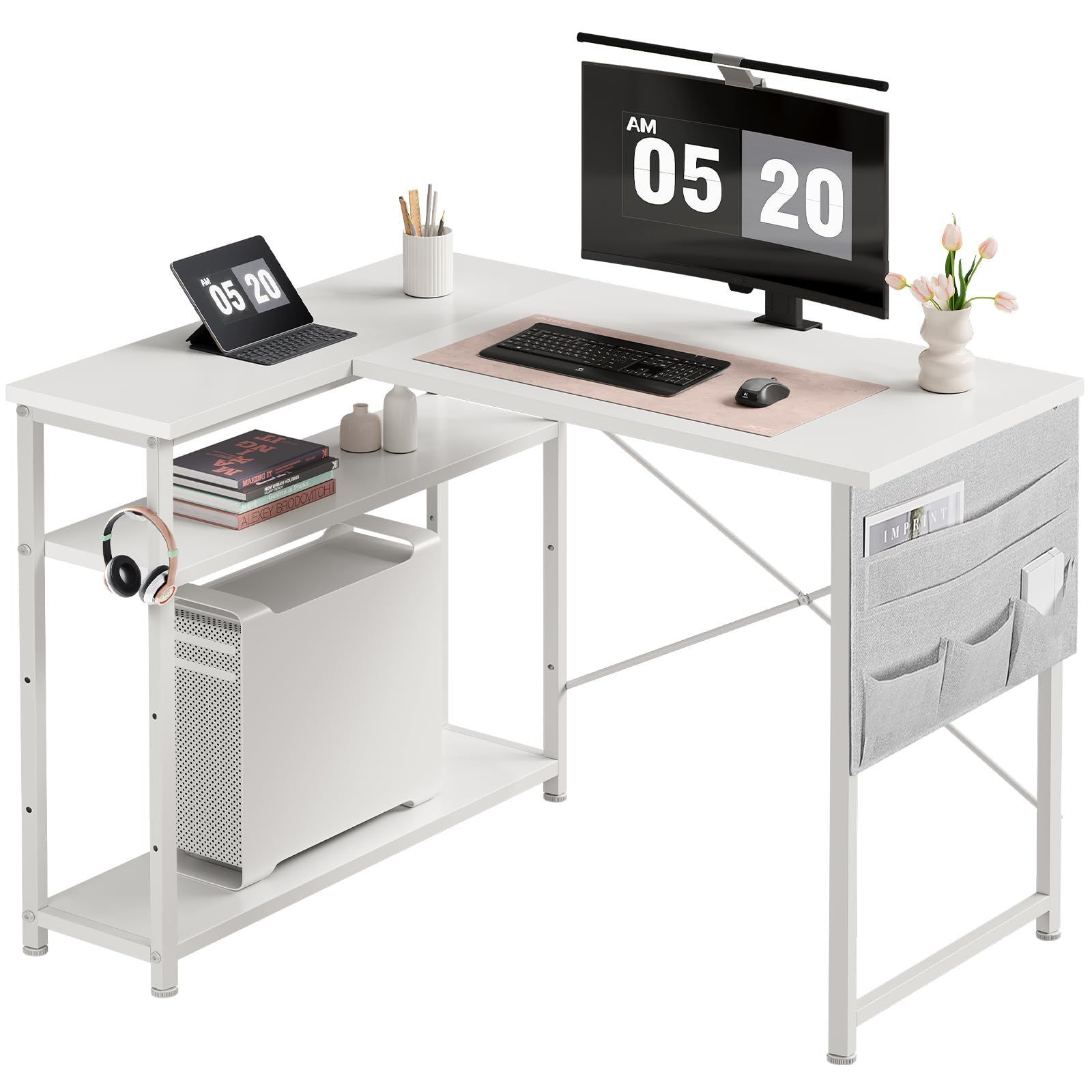 幅99CM_白い Maihail l字デスク 机 pcデスク 学習机 勉強机 パソコンデスク 右棚左棚 幅99cm desk コーナーデスク つくえ 棚板高さ調節 作業机 L字型 在宅ワークデスク リモートワーク ゲームデスク ラック付き 白い