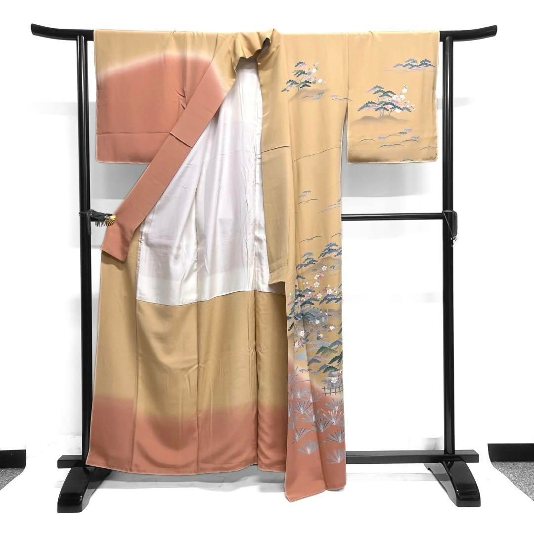 未着用　安部桂雪　訪問着　友禅染　風景模様　松竹梅　桜　流水　着物　041a d 未着用 安部桂雪 訪問着 友禅染 風景模様 松竹梅 桜 流水 着物 041a d