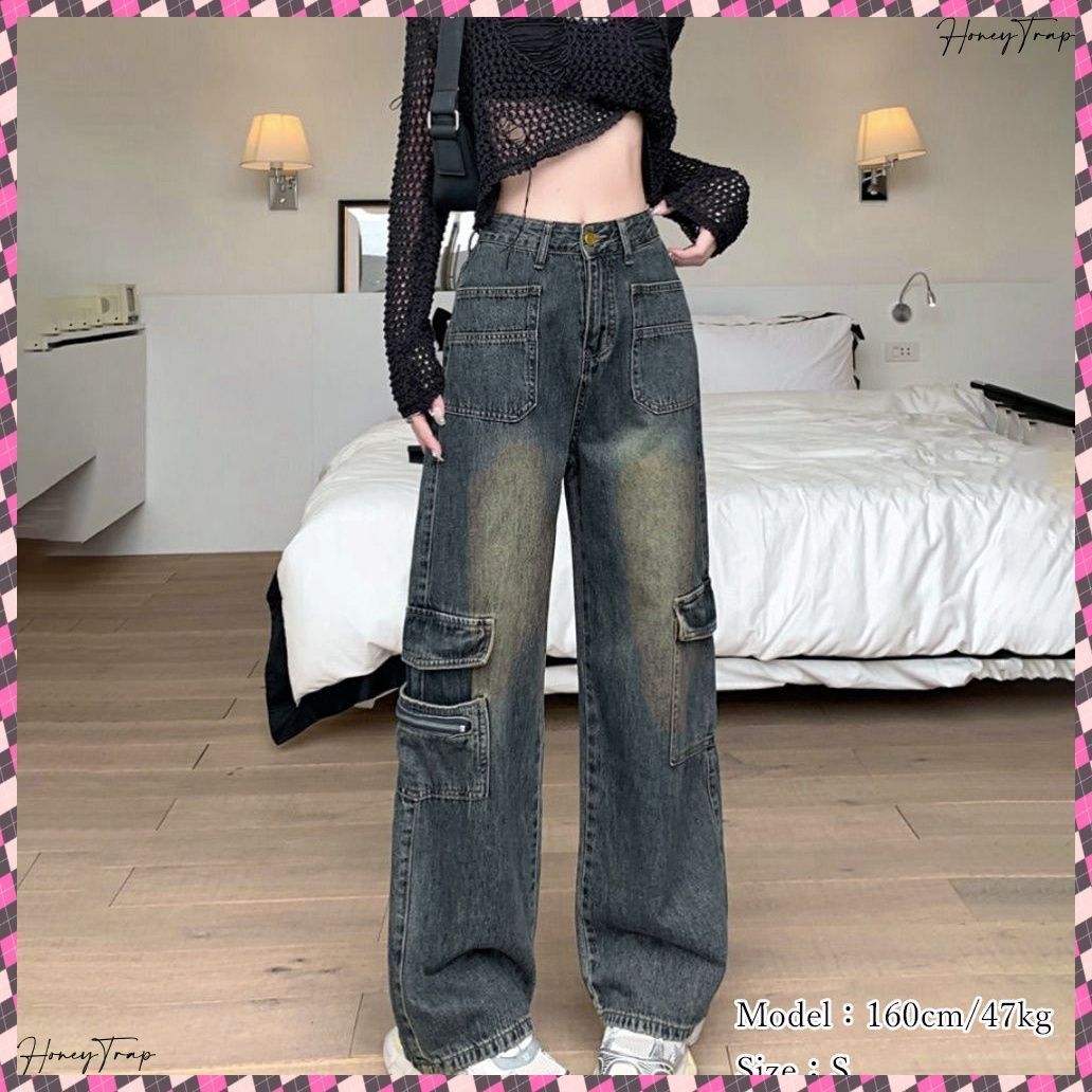 ウォッシュデニムカーゴパンツ レディース ブリーチデニムパンツ メンズライクジーンズ ストリート系 体型カバーボトムス 美脚脚長 着やせ セミワイドデニム 韓国風ヴィンテージ古着風