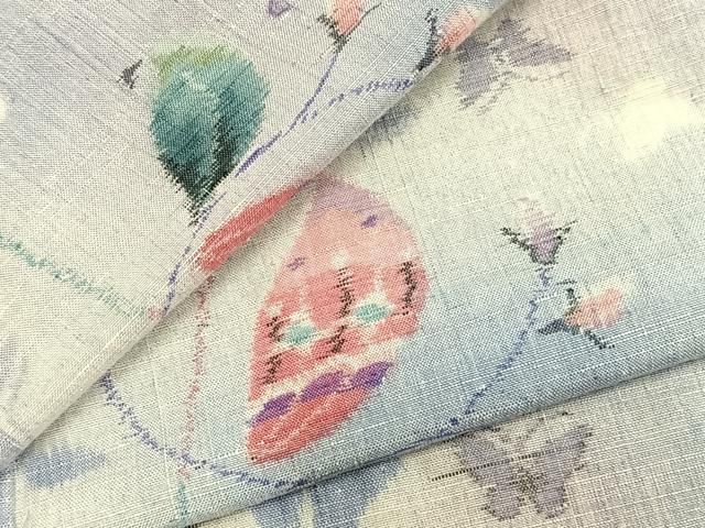平和屋着物▽上質な紬 単衣 舞蝶枝葉文 正絹 AABB2251fy