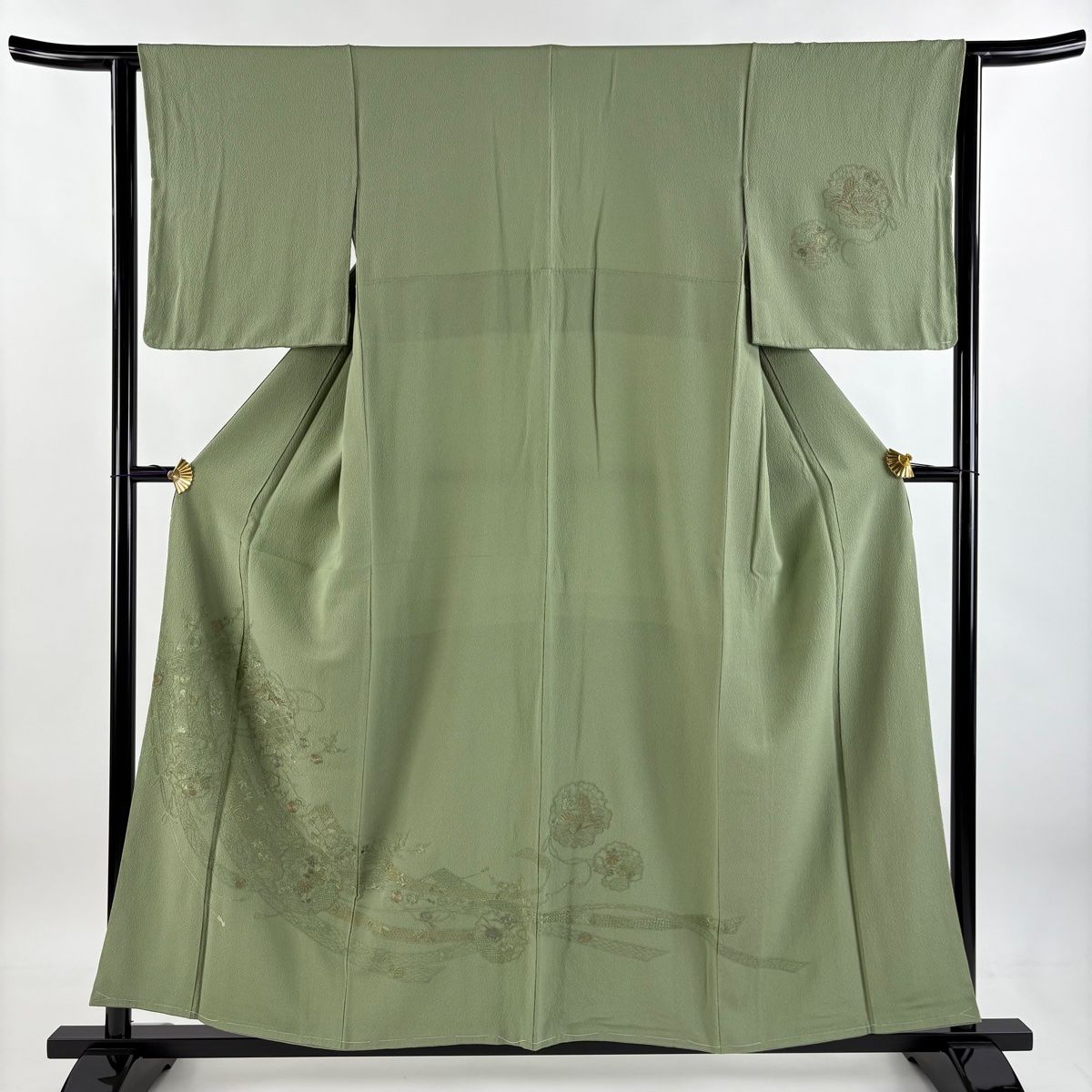 付下げ 身丈155.5cm 裄丈62cm S 袷 几帳 雪輪 刺繍 よもぎ色 正絹 秀品