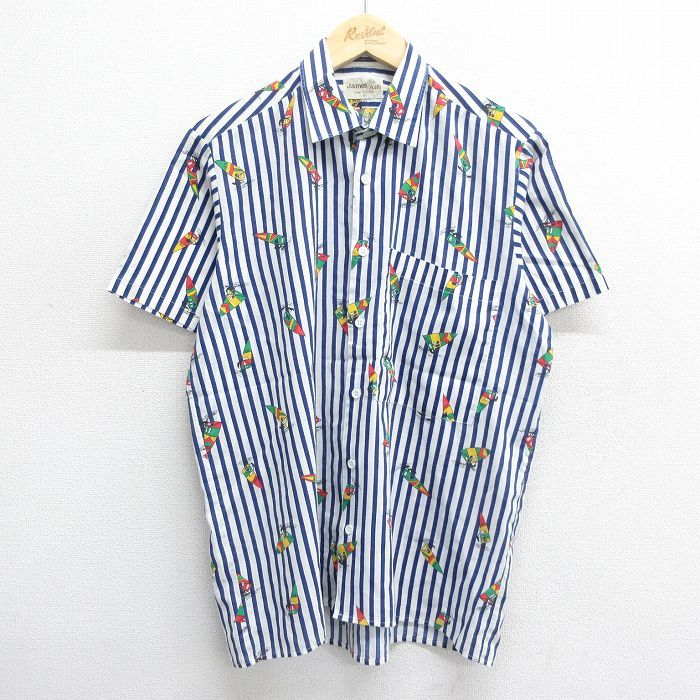 L/古着 半袖 シャツ メンズ 90s ヨット 総柄 白他 ホワイト ストライプ 24jun27 中古 トップス