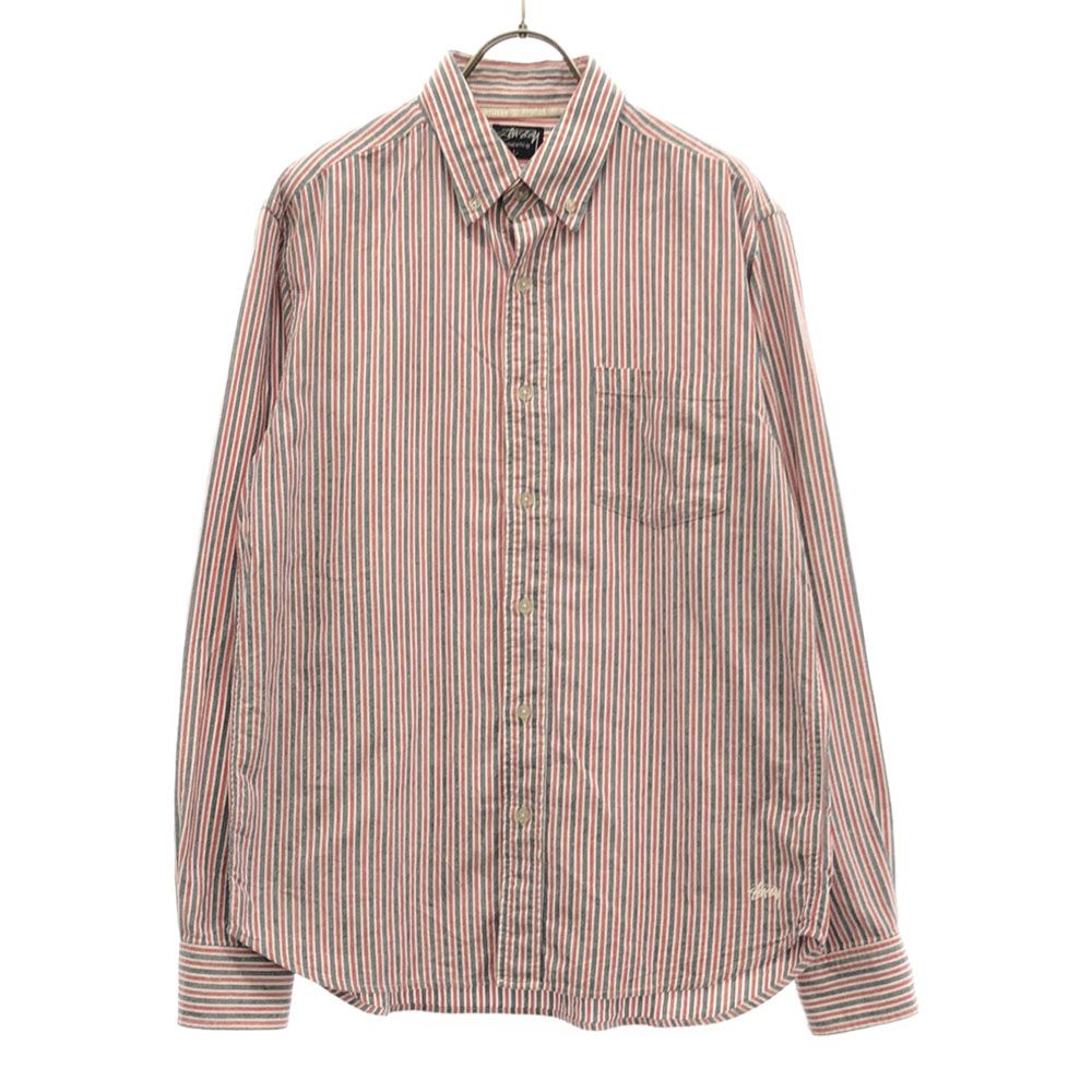ステューシー ストライプ 長袖 ボタンダウンシャツ L レッド×グレー STUSSY メンズ