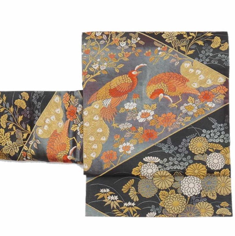 袋帯 古典柄 二重太鼓 花鳥 黒紺地 袋帯 フォーマル 振袖帯 成人式 観劇 舞台