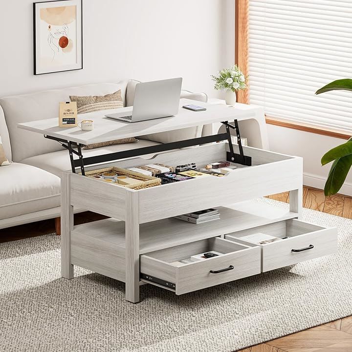 ローテーブル 昇降式 木製 コーヒーテーブル 引き出し付き 収納付き