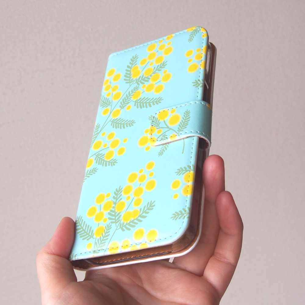 ＜Android機種対応＞早春ミモザの手帳型スマホケース／ブルー