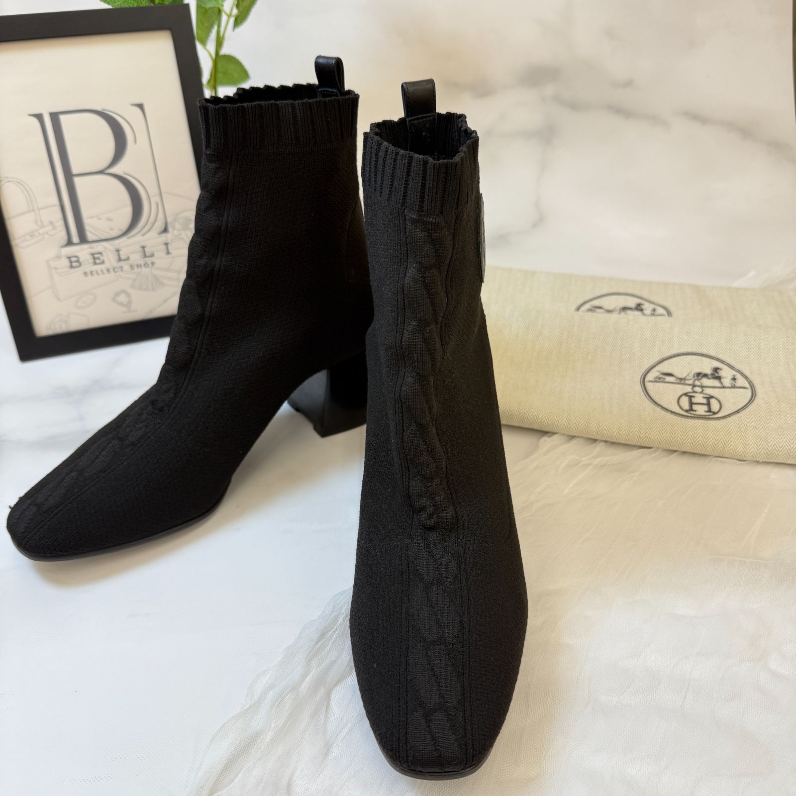 鑑定済み エルメス ヴォルヴェール 37.5 24 cm程度 ブラック ニット ショートブーツ エクスリブリス ジェナ