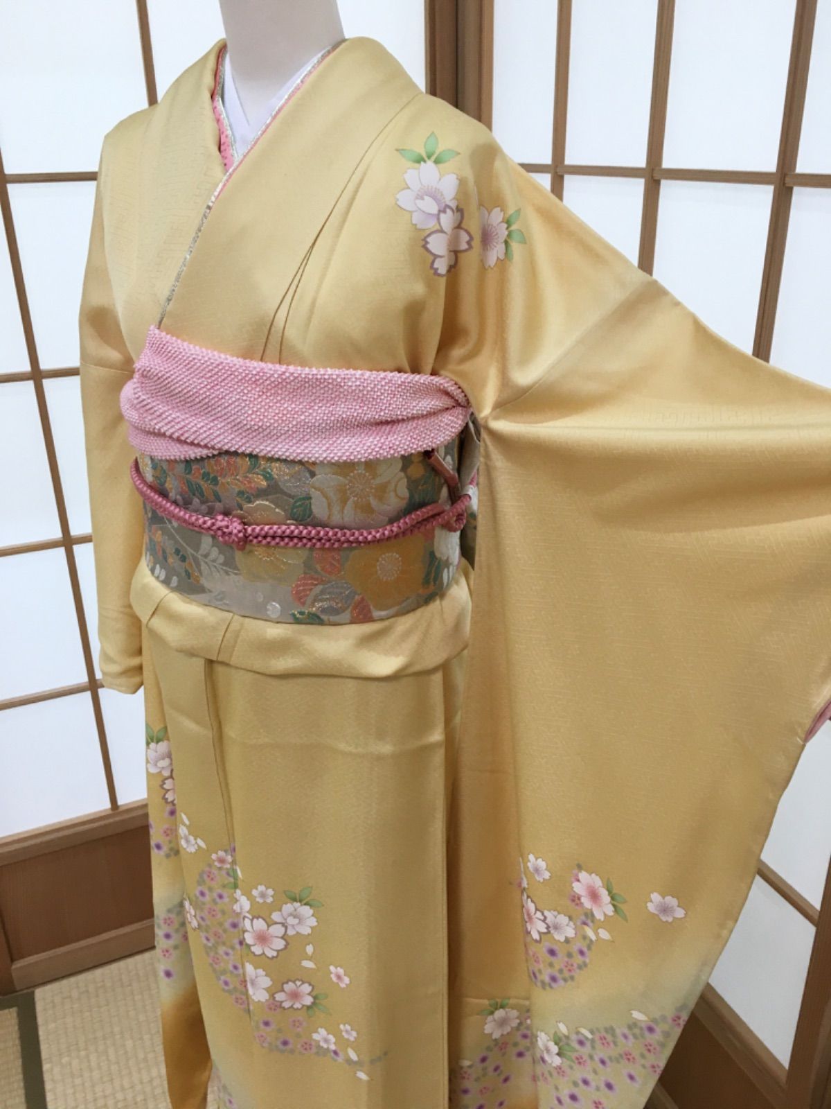 振袖 身丈161.5cm 裄丈66cm M 袷 桜 藤 箔 金彩 ピンク 正絹 美品 名品