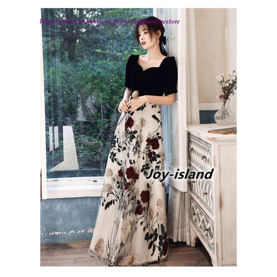 カラードレス ファスナー ブラック 黒 半袖 ロングドレス 結婚式 二次会 発表会 演奏会 ウェディングドレス ウエディングドレス 花嫁 前撮り 大人 Aラインドレス カラードレス ロングドレス ブラック 黒 花柄 半袖 編み上げ