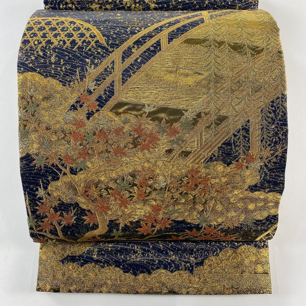 丸帯 桜梅柳紅橋紋 箔 金銀糸 濃紺 お太鼓柄 正絹