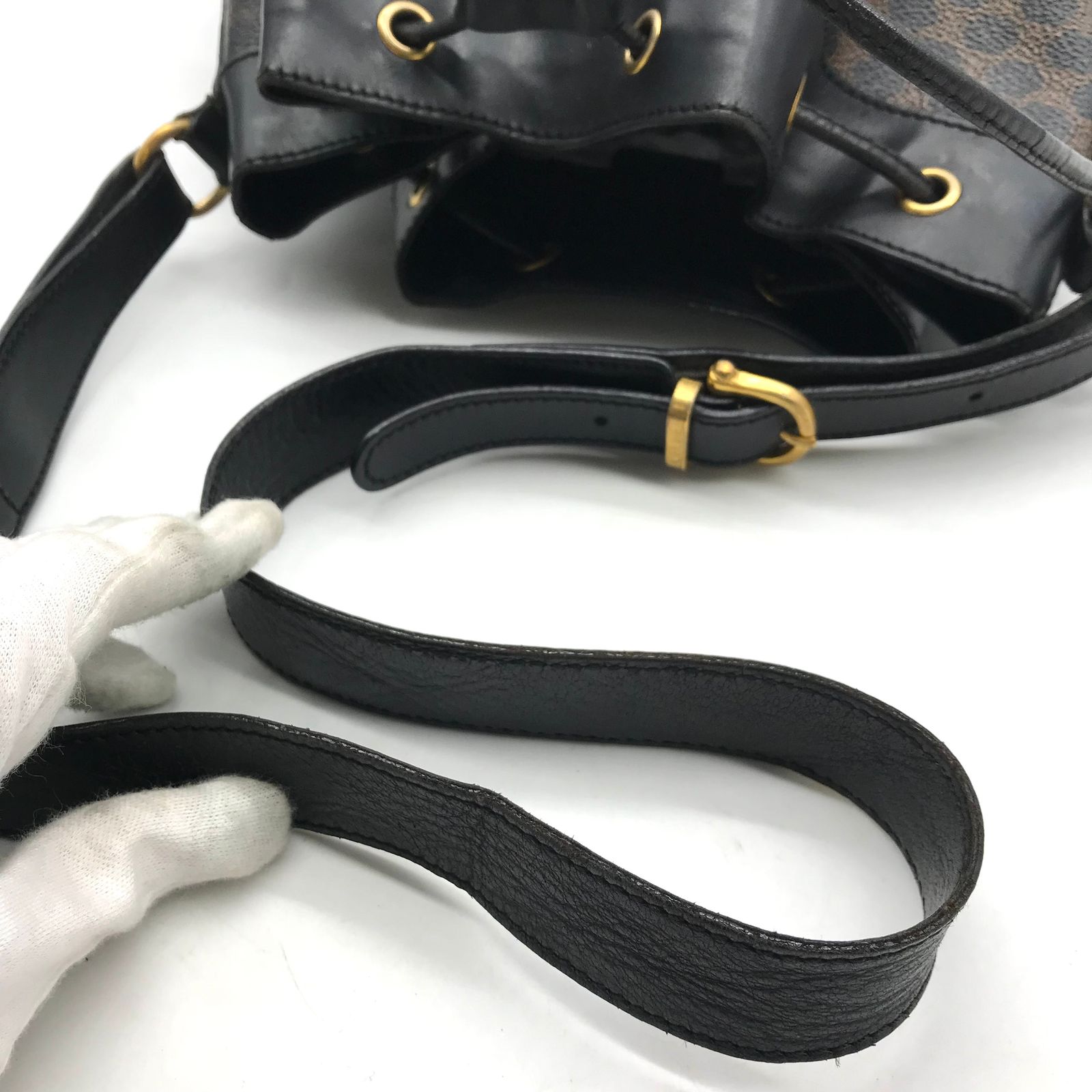 CELINE セリーヌ ブラック マカダム 巾着型 ヴィンテージ サイドジップ