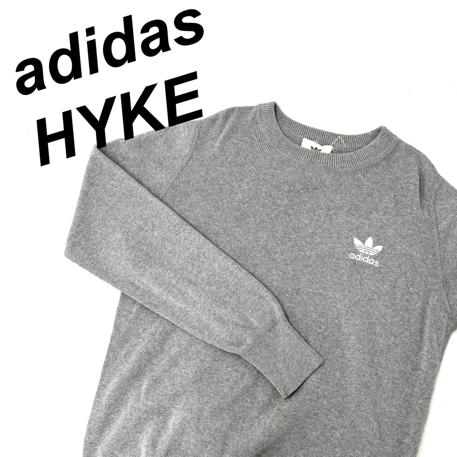 adidas HYKE トレーナー トップス コラボ ニット ワンポイントロゴ レディース スポーツ グレー シンプル