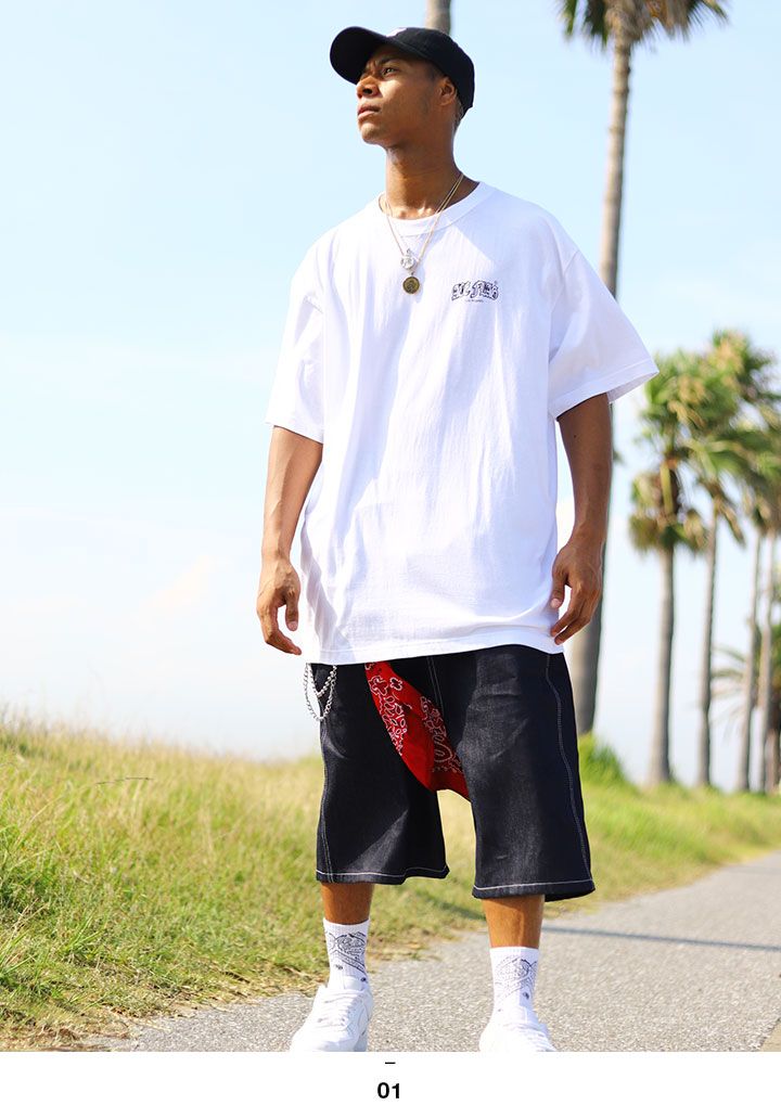 ACE FLAG 上下セット 半袖 Tシャツ デニム ハーフパンツ メンズ 白/黒 大きいサイズ エースフラッグ セットアップ ペイズリー柄 バンダナ b系 ヒップホップ ダンス ストリート系 ハイ 夏 新作 AF-SE-TS-096 ACE FLAG 上下セット 半袖 Tシャツ デニム ハーフパンツ メンズ 白/黒