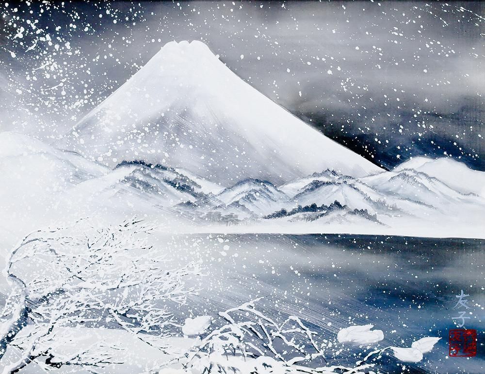 真作】【WISH】あいはら友子「厳寒の雪景色」日本画 約6号 ◇吹雪の峰