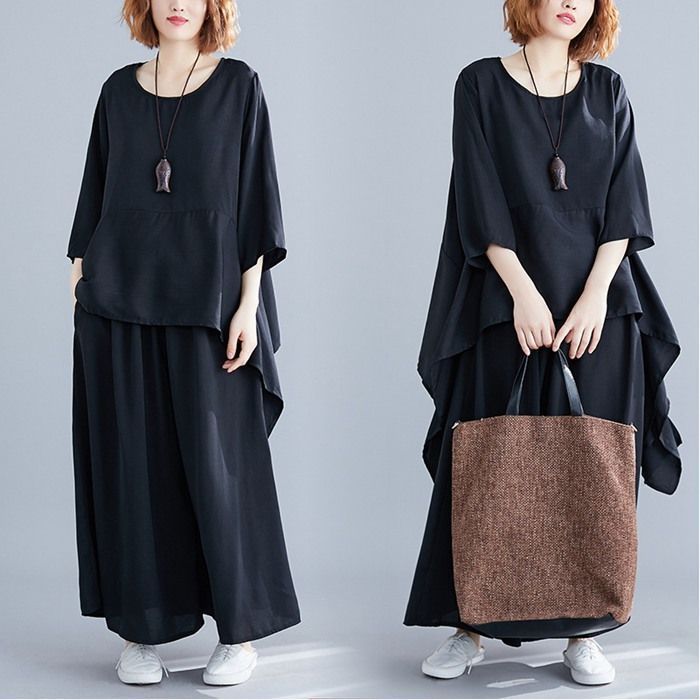 セットアップ レディース 上下セット 大きいサイズ ゆったり 体型カバー Tシャツ-ワイドパンツ チュニック プルオーバー 半袖 バギーパン イージー フ アシンメトリー カジュアル ナチュラル dlSn295