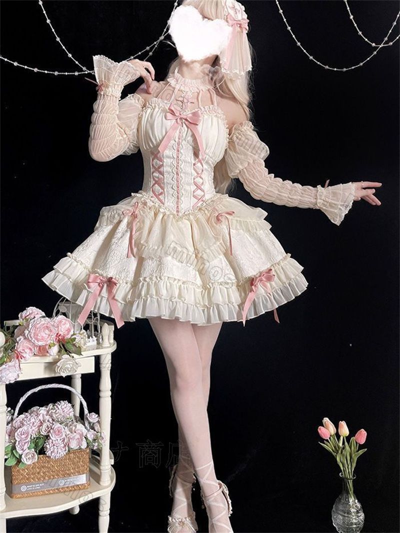 ゴスロリ ロリータ ゴシックロリータ十字姫風 ドールデザイン ハイネックJSKワンピース クロスストラップ レース付き 上品 白ドレス イベント 撮影会 推し活 ギフトに最適