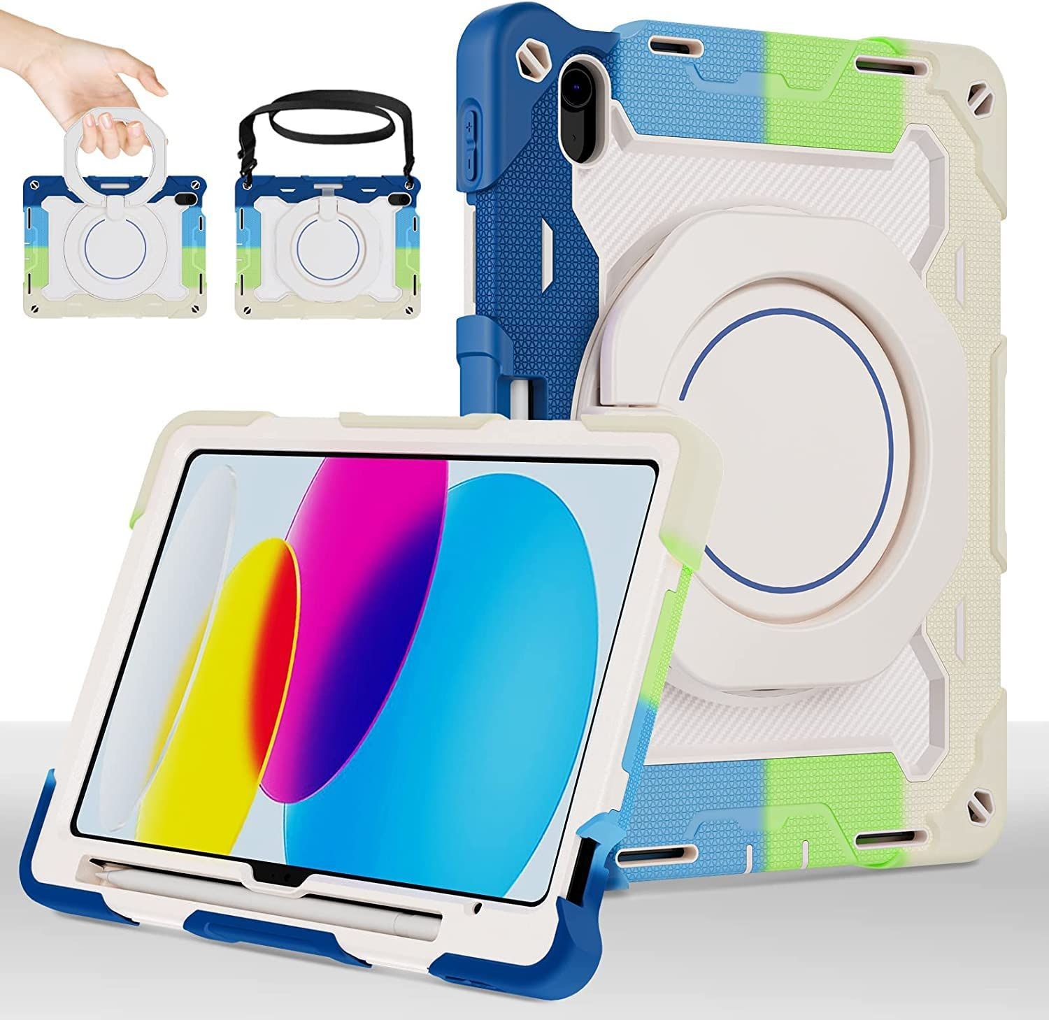 【人気商品】ケース 耐衝撃 10世代 肩ショルダー付き 360回転 スタンド ペン 収納 ipad 第10世代 10.9インチ 2022 緃置きiPad シリコン ハード 防塵 かわいい アイパッド10カバー キッズ 子供， カラ