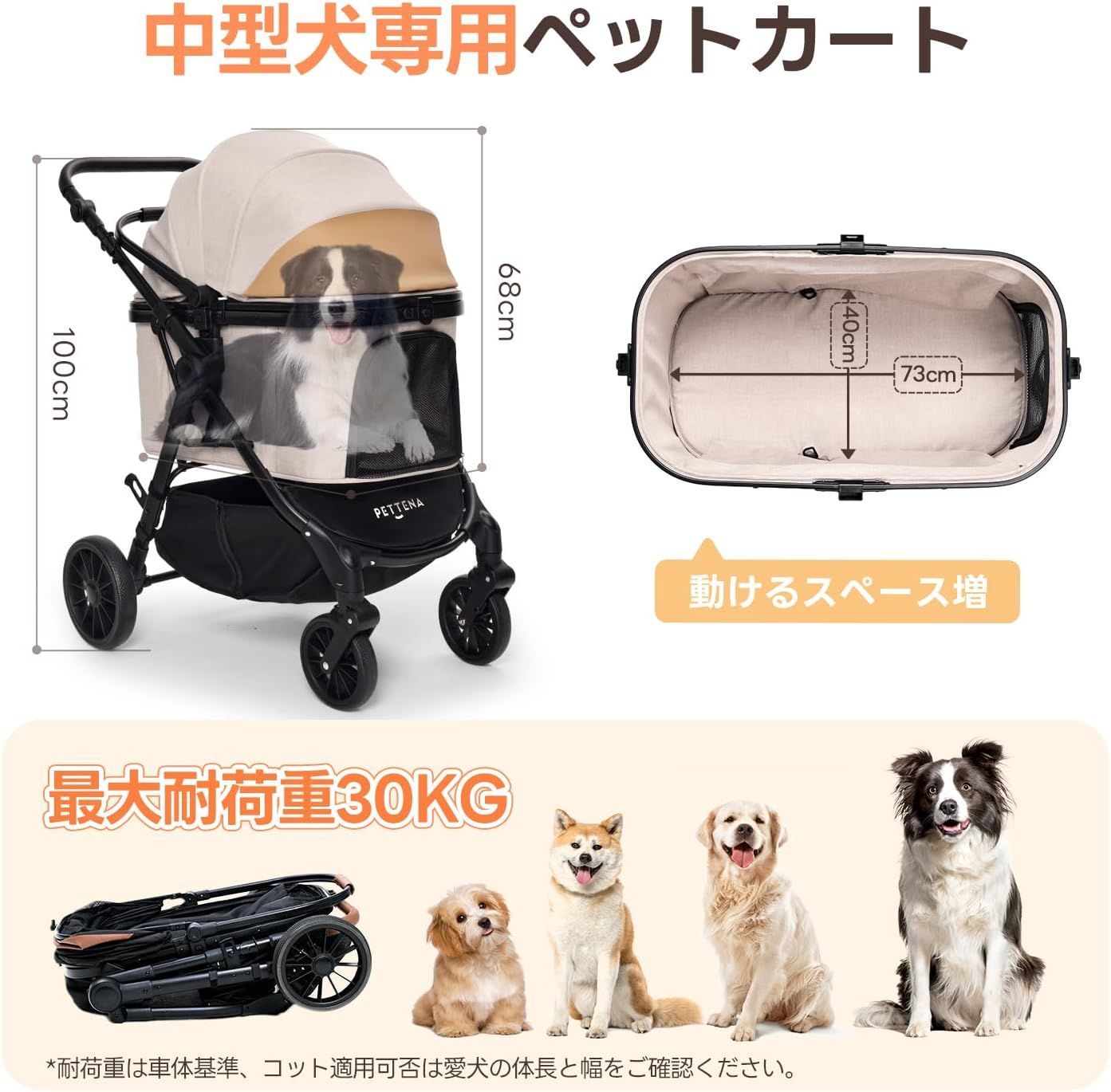 中型犬 ペットカート 30kg耐荷重 自動折り畳み 大型ホイール 三面メッシュ 安定性抜群