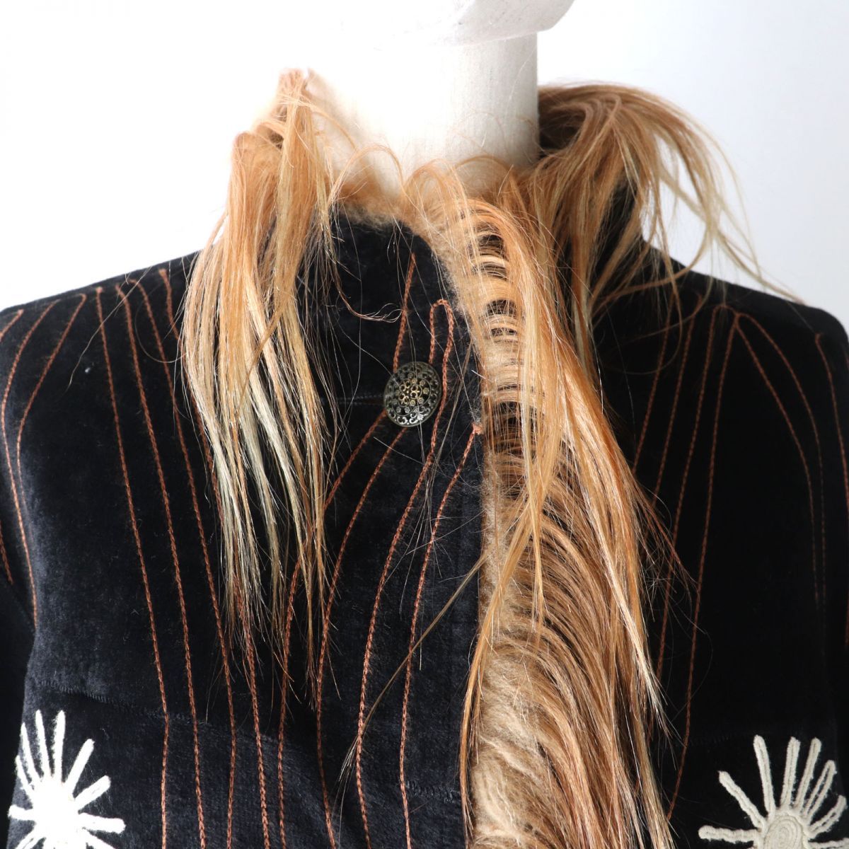 【ドンドン見直し】極美品★HARMANLI ハルマンヌ リバーシブル 花柄刺繍入り 裾フリンジ レザー ロングコート レディース ブラック 黒