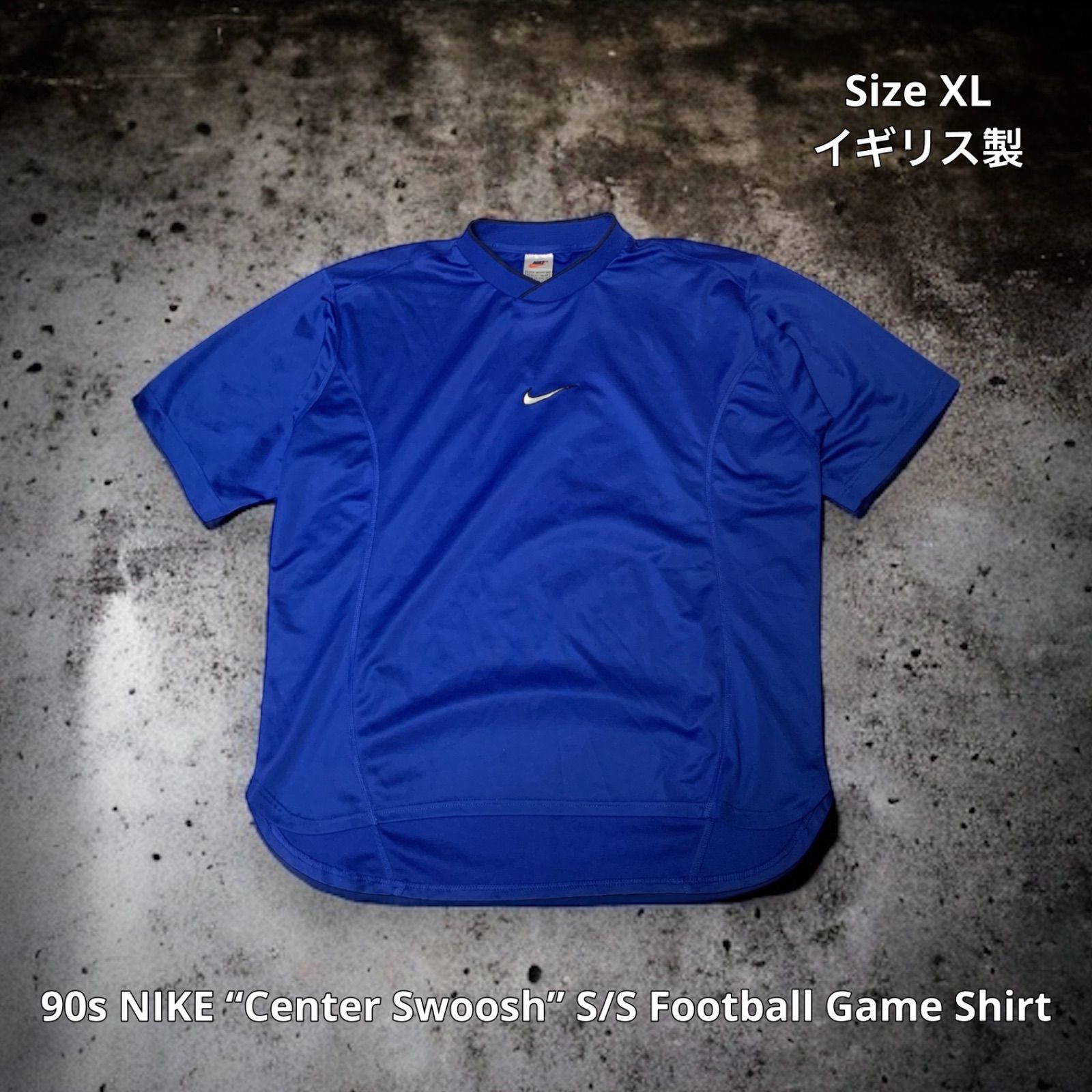 90s NIKE “Center Swoosh” S/S Football Game Shirt ナイキ フットボールゲームシャツ 半袖 ブルー  XLサイズ イギリス製 スウッシュロゴ ロゴ刺繍 DRI-FIT ブロークコア Y2K サッカー フットボール