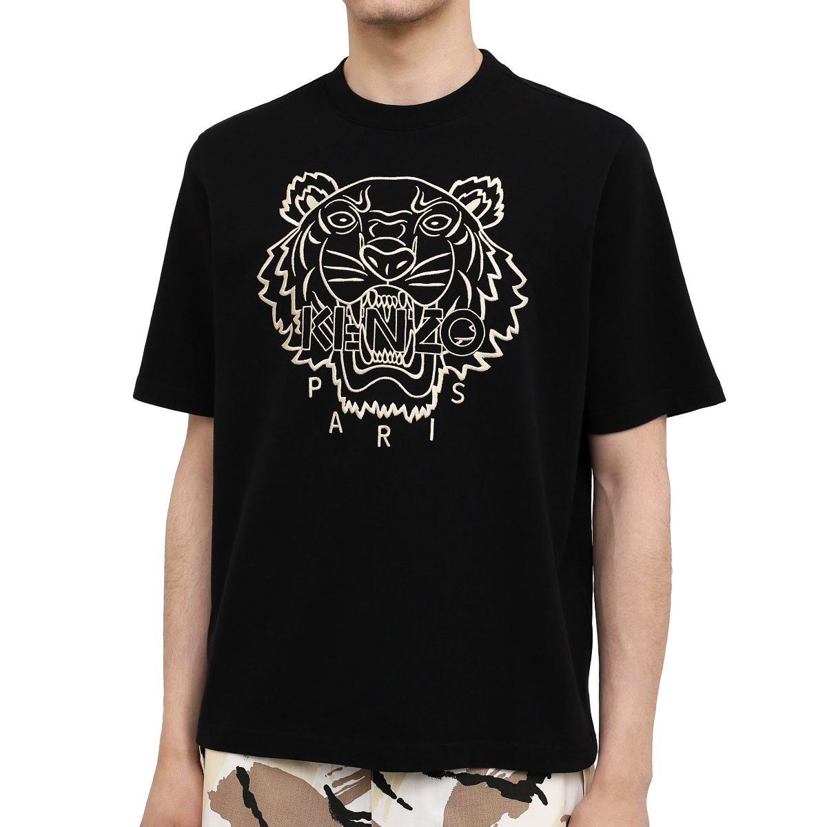 ファッションの KENZO ブラック ストレッチ素材 Tシャツ 刺繍 タイガー 