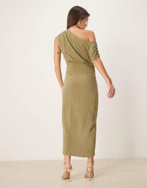 【送料無料】 エイソス レディース ワンピース トップス  DESIGN linen mix fallen twist shoulder wrap skirt detail midi dress in khaki Khaki