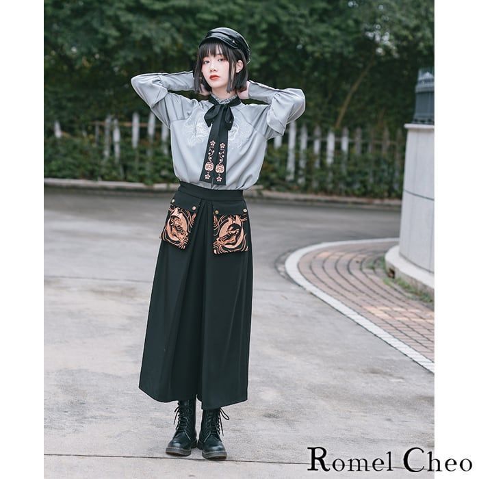 RomelCheo】狐仙 刺繍 ガウチョ パンツ ワイド 袴 九分丈