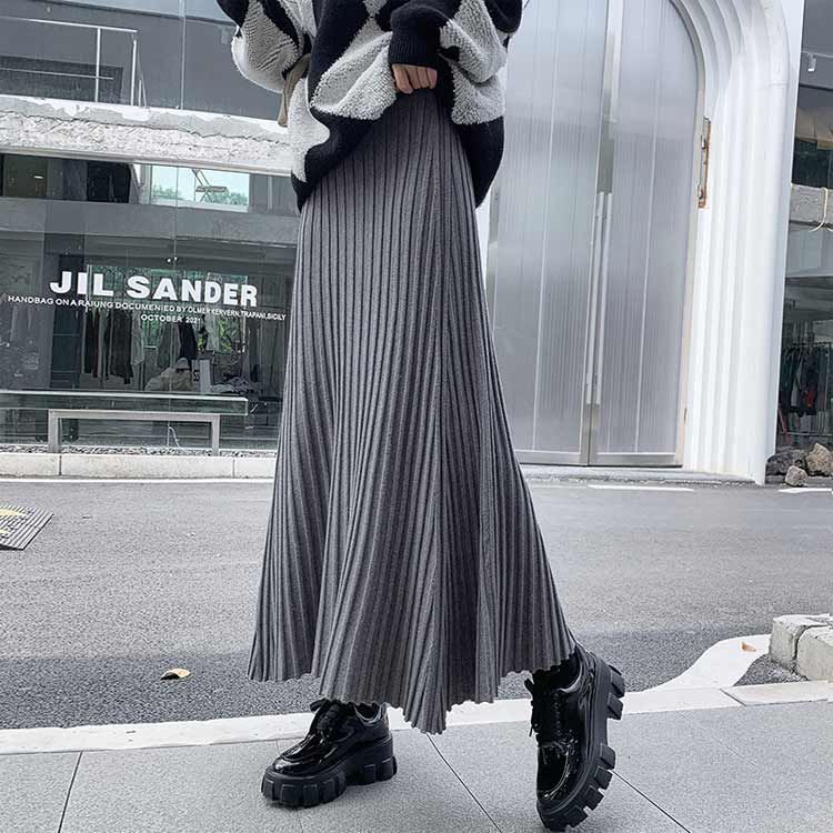 ロング丈 スカート プリーツ 細見え ニットスカート リブ ボトムス ハイウエスト フ スカート ニットスカート ボリューム レディース Aライン 冬 春 秋 ロング 厚手 暖かい 防寒 伸縮性 ス koisu605879