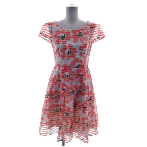 エムズグレイシー M'S GRACY ワンピース 半袖 パフスリーブ ミディ丈 日本製 ボーダー 花柄 ピンク ホワイト 白 マルチカラー 36