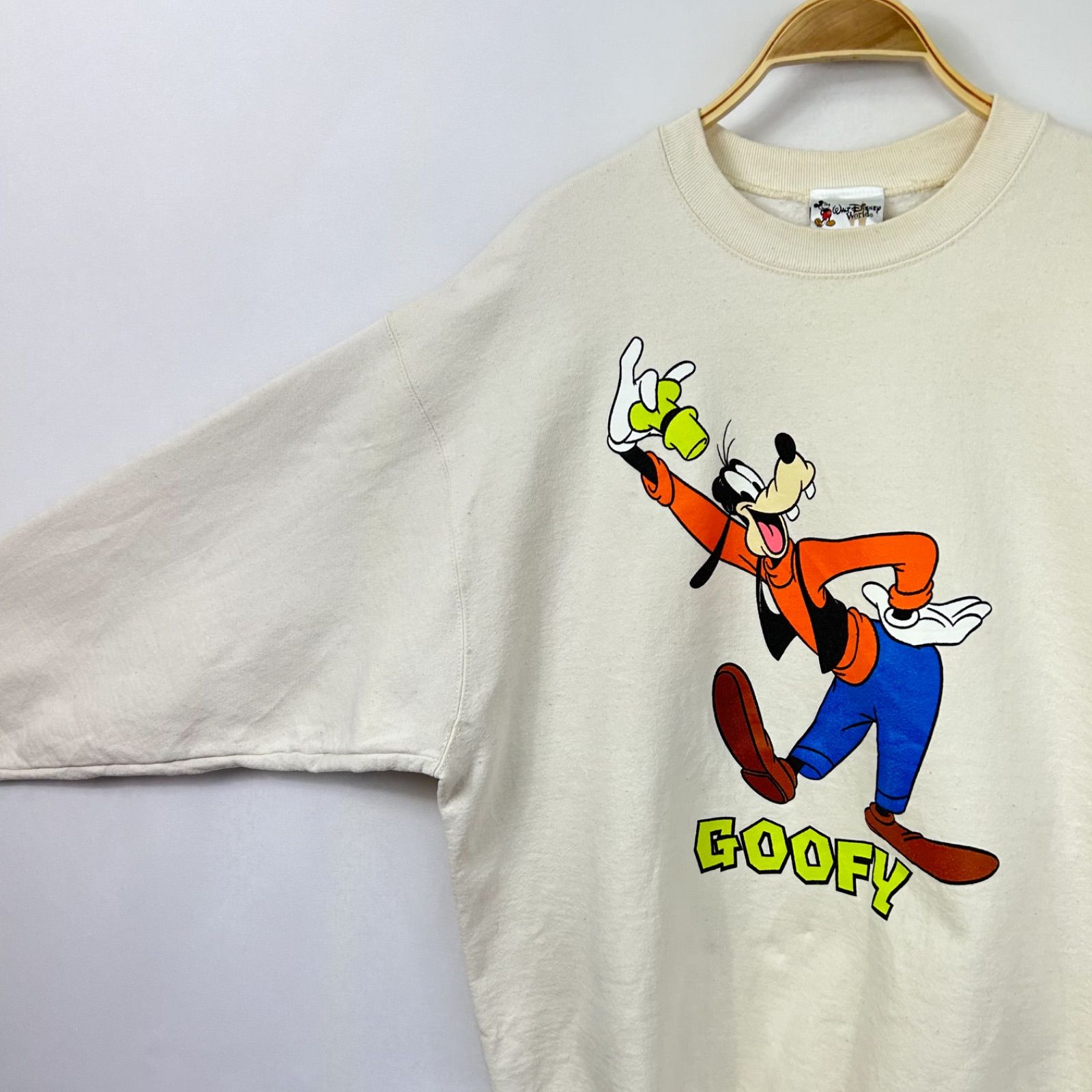 90s USA製 Disney Goofy ディズニー グーフィー BIGプリント スウェット トレーナー 90年代 アメリカ製 ビンテージ  ヴィンテージ vintage 輸入古着 XL オフホワイト【S54-3-VJ2b】